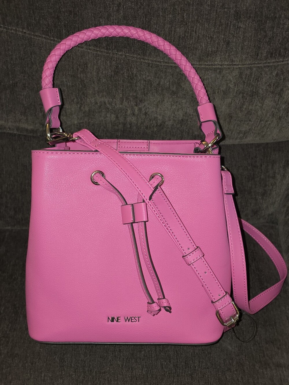 Nine West Kalypso Mini Braided-Handle Pink Bucket Or Crossbody Bag